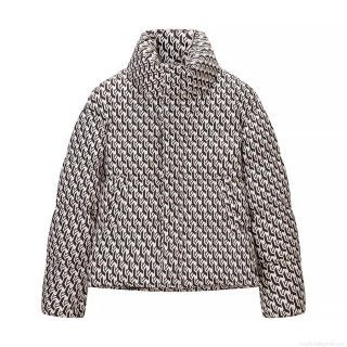 Women's Geometric Monogram Printed Puffer Jacket Stand Collar Loose Fit Winter Warm Padded Coat With Pockets Casual Chic Outerwear