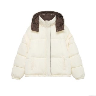 Women's Winter Contrast Hooded Puffer Jacket 100% Polyester Padded Coat Loose Fit Casual Warm Outerwear Windproof Zipper Button Closure For Ladies