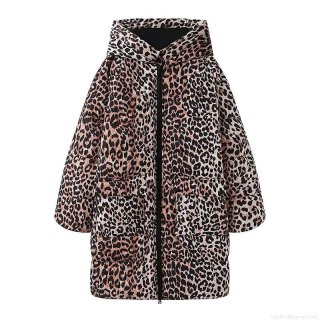 Women's Leopard Print Hooded Padded Coat Long Oversized Winter Warm Jacket With Zipper Closure Casual Fashion Outerwear For Ladies