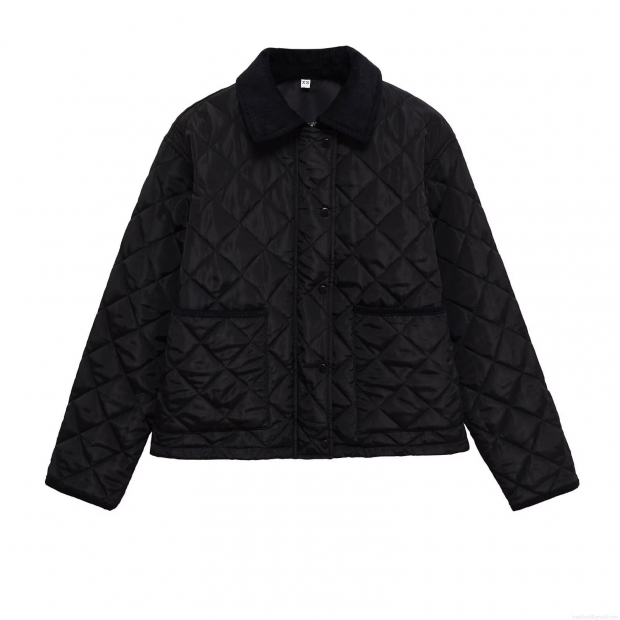 Women's Casual Quilted Cotton Padded Jacket With Corduroy Collar Black Rhombus Pattern Loose Fit Warm Button Down Coat Outerwear For Women