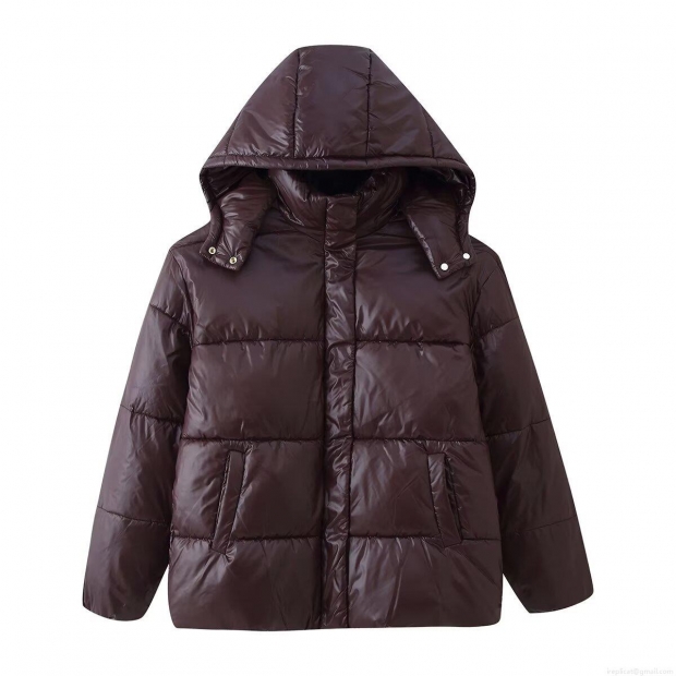 Women's Fashion Shiny Hooded Puffer Jacket Short Quilted Padded Winter Coat Reddish Brown Casual Outdoor Streetwear Warm Outerwear