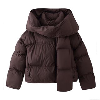 Women's Fashion Hooded Puffer Jacket with Detachable Scarf Solid Color Thick Warm Cotton Padded Coat Casual Winter Outerwear for Ladies