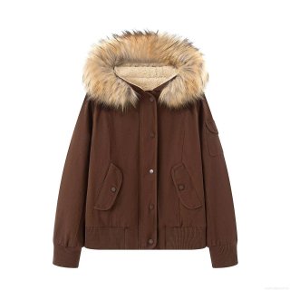 Women's Casual Hooded Cotton-Padded Jacket With Detachable Faux Fur Collar Utility Workwear Style Windproof Warm Short Coat For Autumn Winter