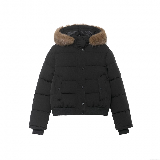 Women's Hooded Short Puffer Jacket With Faux Fur Collar Solid Color Warm Winter Coat Casual Quilted Padded Outerwear Windproof Jacket For Women