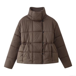 Women's Fashion Short Quilted Cotton Padded Jacket Retro Stand Collar Drawstring Waist Warm Puffer Coat Thick Winter Outerwear Casual Solid Color Top