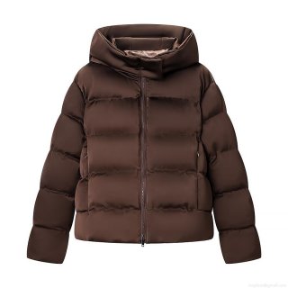 Women's Hooded Puffer Jacket Short Quilted Padded Coat Warm Windproof Winter Outwear Coffee Brown Full Zip Fashion Streetwear Casual Puffer Jacket