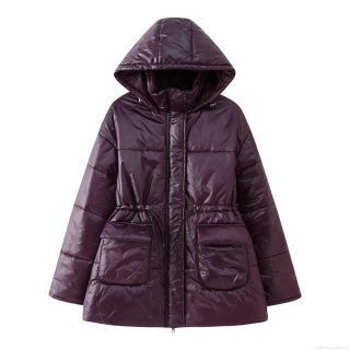 Women's Hooded Shiny Cotton Padded Jacket Casual Waist Cinch Drawstring Winter Warm Puffer Coat With Pockets For Outdoor Daily Women Clothing