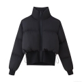 Women's Casual Short Puffer Jacket Cotton Blend Stand Collar Zipper Quilted Coat For Winter Autumn Solid Black Warm Outerwear
