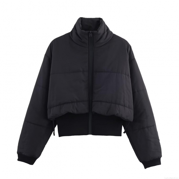 Women's Solid Black Cropped Puffer Jacket Stand Collar Quilted Cotton Padded Coat With Drawstring Hem Zipper Closure Winter Warm Outerwear For Women