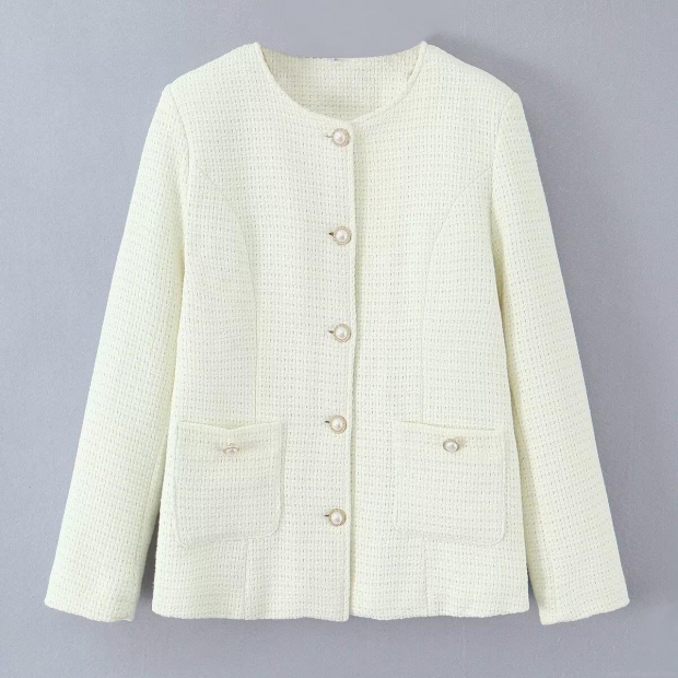 Women's Elegant Tweed Padded Jacket Vintage Round Neck Single Breasted Coat With Pearl Buttons Warm Woven Outerwear For Daily Date Lady