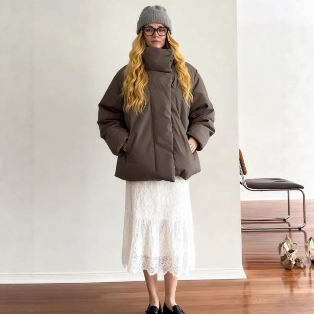 Women's Puffer Jacket Casual Stand Collar Solid Color Cotton Padded Coat Polyester Cotton Blend Winter Warm Outerwear For Women Ladies