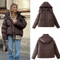 Women's Fashion Short Padded Jacket Thickened Warm Cotton Polyester Hooded Puffer Coat Winter Streetwear Casual Outerwear Brown