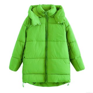 Women's Bright Green Puffer Cotton Padded Jacket With Hood Long Sleeve Quilted Mid-length Coat For Winter Outdoor Casual Ethnic Style Warm Windproof Outwear