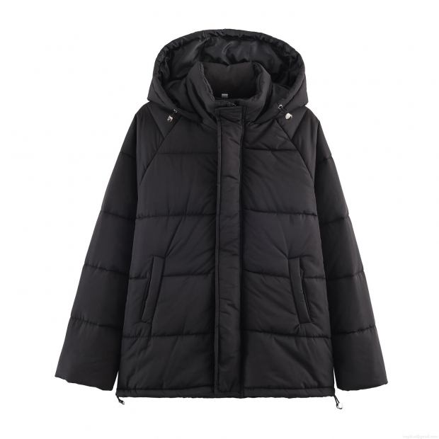 Women's Hooded Puffer Jacket Quilted Polyester Mid Length Drawstring Hem Winter Warm Overcoat Casual Oversized Streetwear Outerwear For Women