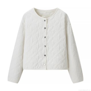 Women Round Neck Quilted Jacket Floral Geometric Pattern Lightweight Padded Coat With Metal Snap Buttons Long Sleeve 100% Polyester Outerwear For Autumn Winter