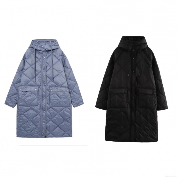 Women's Hooded Long Sleeved Diamond Lattice Quilted Long Cotton Jacket Winter Warm Windproof Puffer Coat For Daily Casual Street Style Outerwear