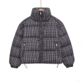 Women's Plaid Padded Jacket Vintage Grey Blue Checked Quilted Coat With Stand Collar Drawstring Hem Long Sleeve Winter Warm Outerwear For Women Streetwear