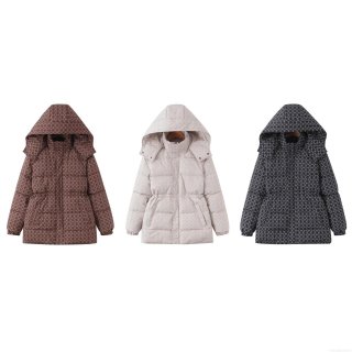 Women's Hooded Geometric Circle Print Cotton-Padded Jacket Slim Fit Drawstring Waist Warm Long Sleeve Puffer Coat Windproof Winter Outerwear with Pockets