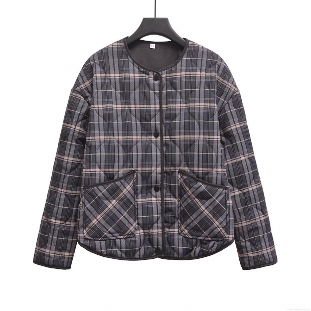 Women's Western Style Round Neck Quilted Plaid Jacket With Single Breasted Buttons Long Sleeve Polyester Outerwear Gray Pink White Warm Coat For Autumn Winter Streetwear