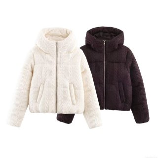 Women's Hooded Puffer Jacket Polyester Padded Cable Knit Textured Outerwear Winter Warm Long Sleeve Zipper Coat Street Style Casual Fashion Short Jacket