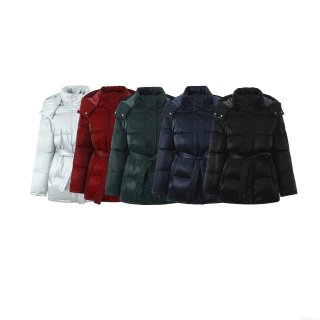 Women's Glossy Puffer Jacket Hooded Mid-Long Padded Cotton Coat With Waist Tie Winter Warm Windproof Outerwear Fashion Streetwear Ladies Padded Jacket
