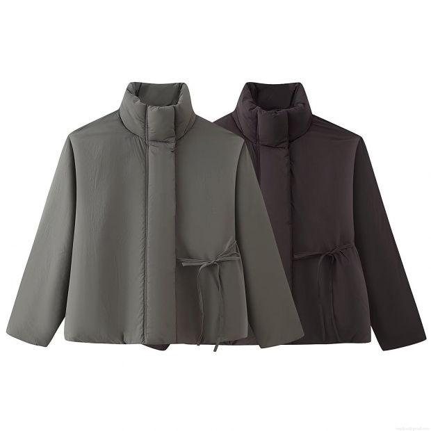 Women's Short Puffer Jacket Stand Collar Long Sleeve Tie Waist Cotton Padded Coat Casual Loose Solid Color Warm Polyester Outerwear For Autumn Winter Ladies