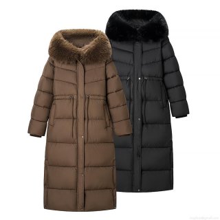 Women's Extra Long Puffer Jacket With Removable Faux Fur Collar Hooded Winter Cotton Coat Drawstring Waist Quilted Parka Outerwear For Cold Weather Streetwear