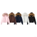 Women's Fashion Short Hooded Puffer Jacket With Removable Faux Fur Trim Casual Warm Winter Down Cotton Coat Zipper Ribbed Cuffs Thumb Hole Outerwear