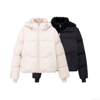 Women's Winter Puffer Jacket Loose Fit Hooded Polyester Quilted Coat Thick Warm Outerwear With Faux Fur Trim Off-white Casual Streetwear Jacket