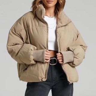 Women's Puffer Jacket Stand Collar Zip Up Quilted Cotton Padded Short Coat Winter Warm Windproof Solid Color Streetwear Outerwear For Women