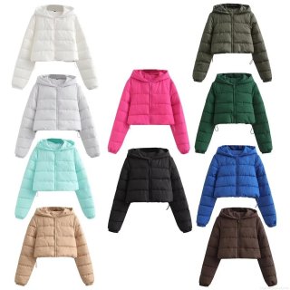 Women's Short Hooded Puffer Jacket Quilted Padded Parka Windproof Warm Winter Outwear With Zipper Drawstring Hem Slim Fit Solid Color Casual Coat