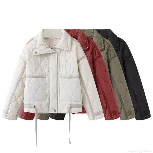 Women Fashion Quilted Padded Jacket Lightweight Stand Collar Zipper Puffer Coat Long Sleeve Outerwear With Pockets Solid Color Casual Warm Winter Jacket