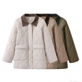Women's Fashion Classic Quilted Padded Jacket Corduroy Contrast Lapel Collar Cotton Coat Mid-Length Warm Long Sleeve Outerwear For Autumn Winter Casual Daily Wear