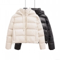 Women's Faux Leather Quilted Puffer Jacket Hooded Winter Padded Coat Warm Windproof Zip Up Short Outerwear Street Style Lady Fashion Coat
