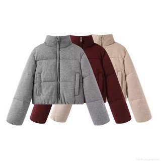 Women's Winter Knitted Stand Collar Puffer Jacket Casual Warm Solid Color Quilted Polyester Coat Long Sleeve Zipper Streetwear Outerwear For Women