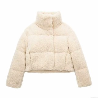 Women's Fashion Sherpa Fleece Quilted Puffer Jacket Stand Collar Warm Cropped Padding Coat Streetwear Outerwear For Autumn Winter