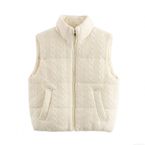 Women's Fashion Cable Knit Padded Vest Stand Collar Sleeveless Zip Up Puffer Gilet Solid Color Warm Waistcoat With Pockets Streetwear Outwear for Ladies