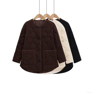 Women's Quilted Padded Jacket Mid-Length Round Neck Long Sleeve Single Breasted Coat With Pockets Polyester Cotton Filling Loose Fit Warm Streetwear Outwear