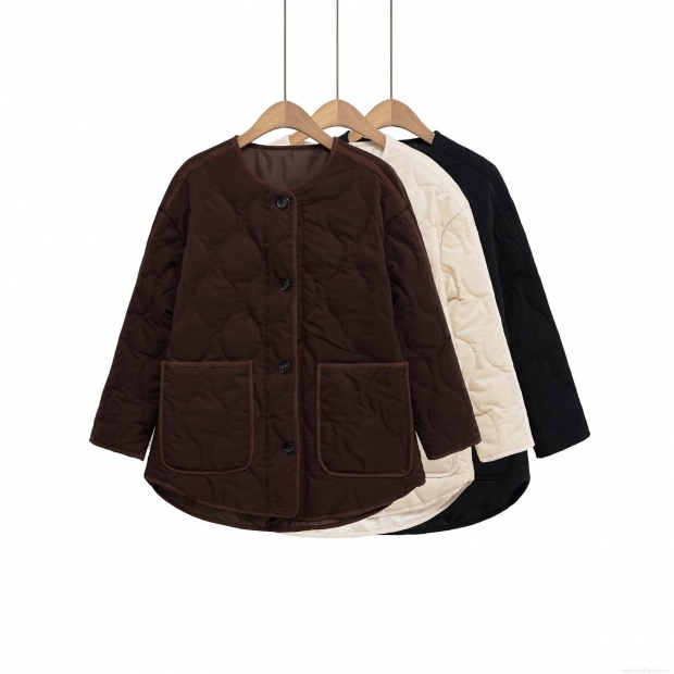 Women's Quilted Padded Jacket Mid-Length Round Neck Long Sleeve Single Breasted Coat With Pockets Polyester Cotton Filling Loose Fit Warm Streetwear Outwear