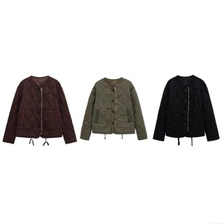 Women Casual Loose Quilted Cotton Padded Jacket Winter Round Neck Long Sleeve Outerwear Coat With Zipper And Buttons Streetwear For Ladies Polyester Warm