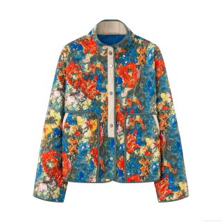 Women's Winter Floral Print Quilted Cotton-Padded Jacket Stand Collar Long Sleeve Warm Padded Coat Thick Outerwear Streetwear Casual Jacket With Snap Buttons
