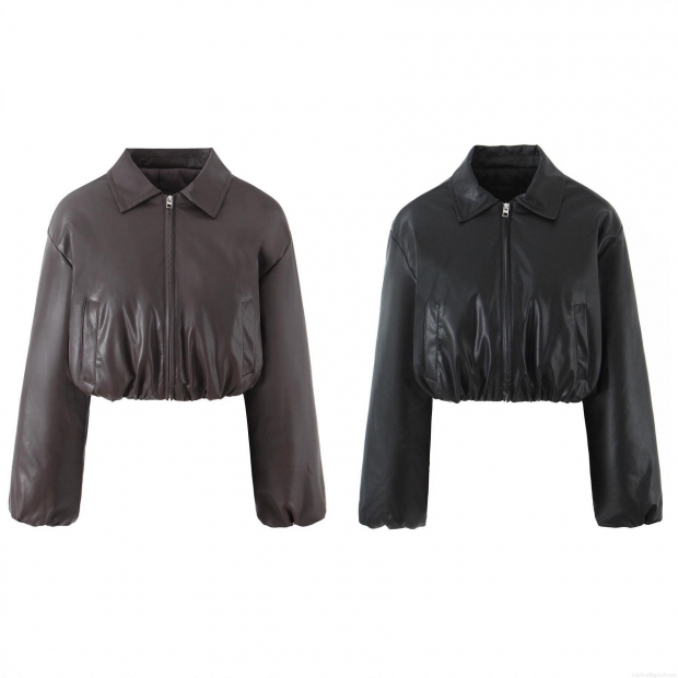 Women's PU Leather Short Padded Jacket Western Street Style Lapel Long Sleeve Cropped Winter Coat With Zipper And Pockets For Female