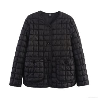 Women's Casual Quilted Cotton Jacket Lightweight Checkered Padded Coat With Pockets Single-Breasted O-Neck Outerwear Streetwear Winter Long Sleeve Polyester Jacket
