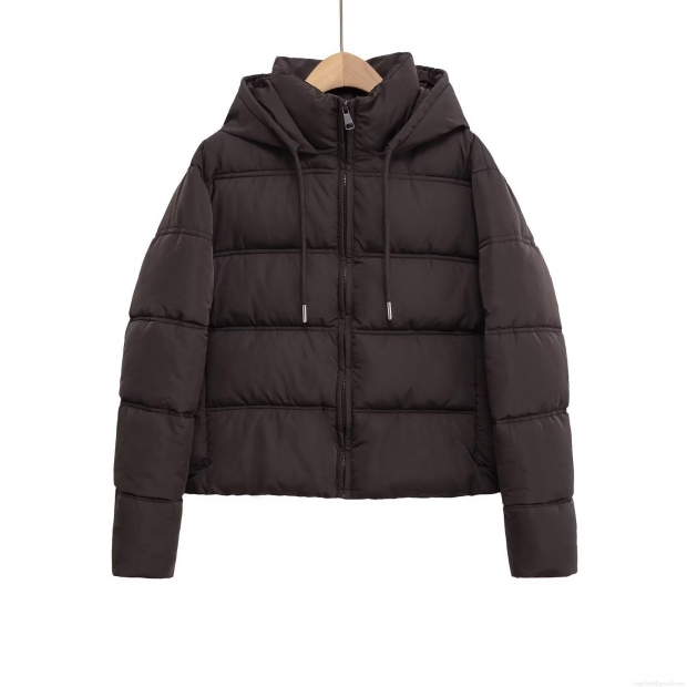 Women's Espresso Brown Hooded Padded Jacket Horizontal Quilted Zip Up Long Sleeve Warm Winter Puffer Coat With Drawstring Hood Ribbed Cuffs Casual Streetwear Outdoor Outerwear