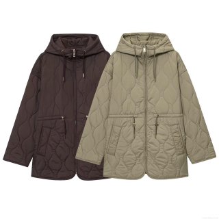 Women's Quilted Hooded Jacket Mid-Length Drawstring Waist Padded Cotton Coat Polyester Solid Color Long Sleeve Zip-Up Streetwear Style Warm Winter Jacket for Ladies