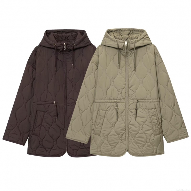 Women's Quilted Hooded Jacket Mid-Length Drawstring Waist Padded Cotton Coat Polyester Solid Color Long Sleeve Zip-Up Streetwear Style Warm Winter Jacket for Ladies