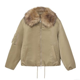 Women's Winter Khaki Puffer Jacket With Detachable Faux Fur Collar Long Sleeve Zipper Bomber Jacket Outerwear For Ladies Warm Casual Coat