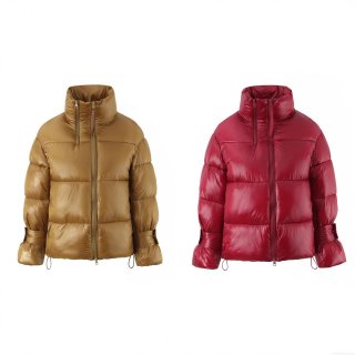 Women's Glossy Puffer Jacket Winter Warm Stand Collar Long Sleeve Quilted Padded Coat Shiny Streetwear Outwear With Dual Zippers Red Gold