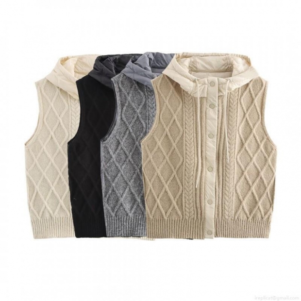 Women Retro Cable Knit Padded Spliced Hooded Vest Cardigan Winter Warm Diamond Quilted Knitwear Gilet Sleeveless Jacket For Women