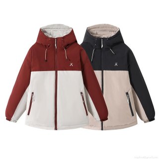 Women Winter Puffer Jacket Hooded Color Block Polyester Fiber Padded Warm Coat Casual Outdoor Windproof Loose Outerwear